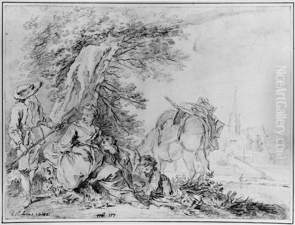 Lantlig familj rastande vid sjo Oil Painting by Jacques-Philippe Le Bas