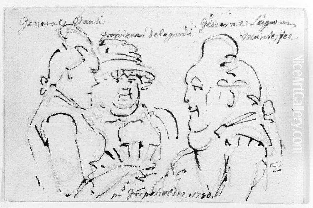 Karikatyr av general Pauli, grevinnan Delagardie och general pa Gripsholm Oil Painting by Johan Tobias Sergel