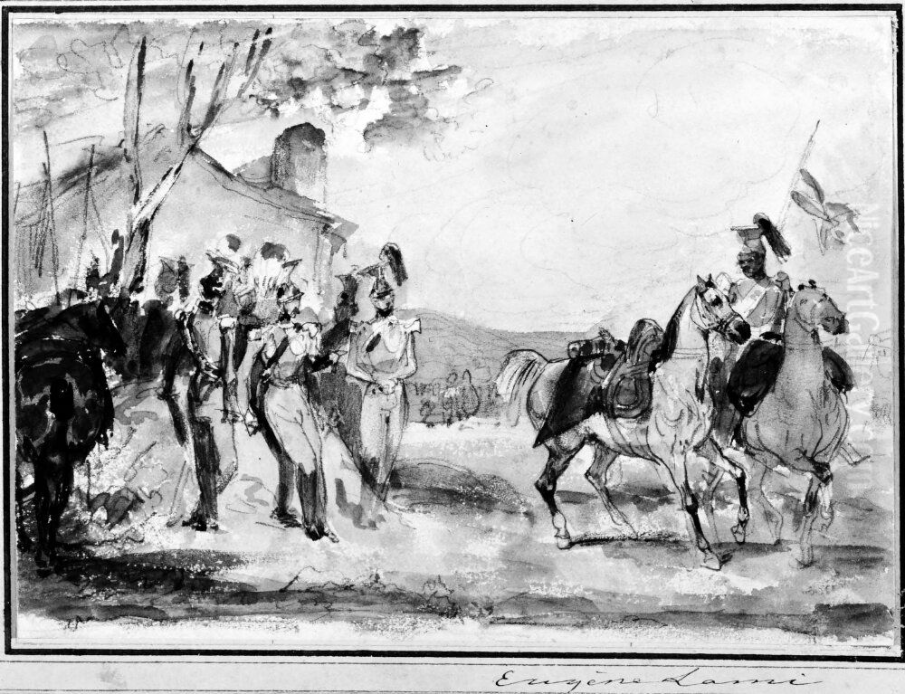 Militarer i falt Oil Painting by Eugene Lami