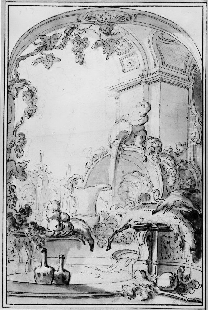 Fontan med putto och stilleben i arkitektonisk tradgard Oil Painting by Jacques de Lajoue