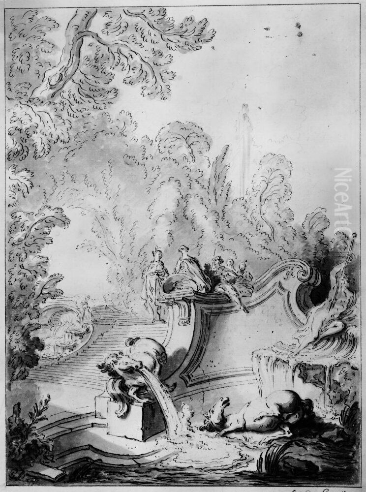 Sallskap i park. I forgrunden fontan med hastar och Neptunus Oil Painting by Jacques de Lajoue