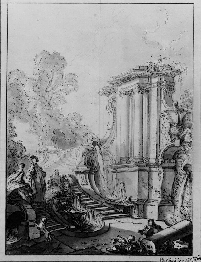 Sallskap i park. I forgrunden fontaner och kullslagen kolonn Oil Painting by Jacques de Lajoue