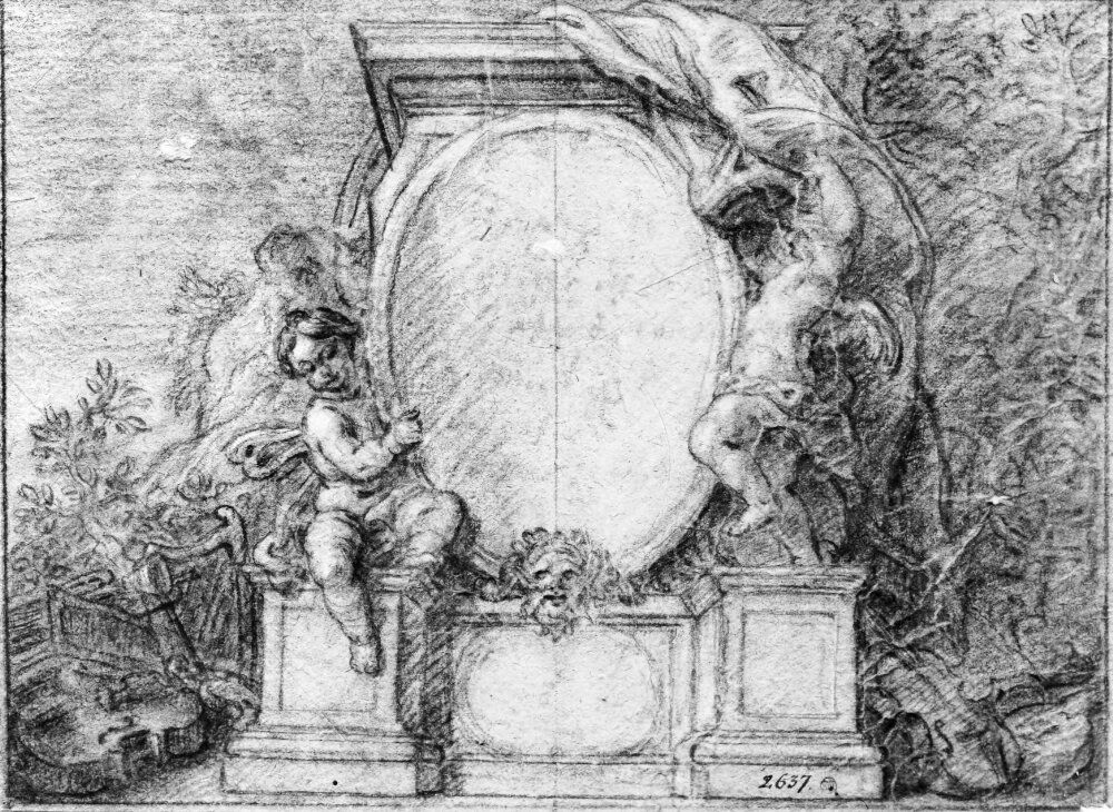 Putti lyftande slojan av inskription Oil Painting by Charles de La Fosse