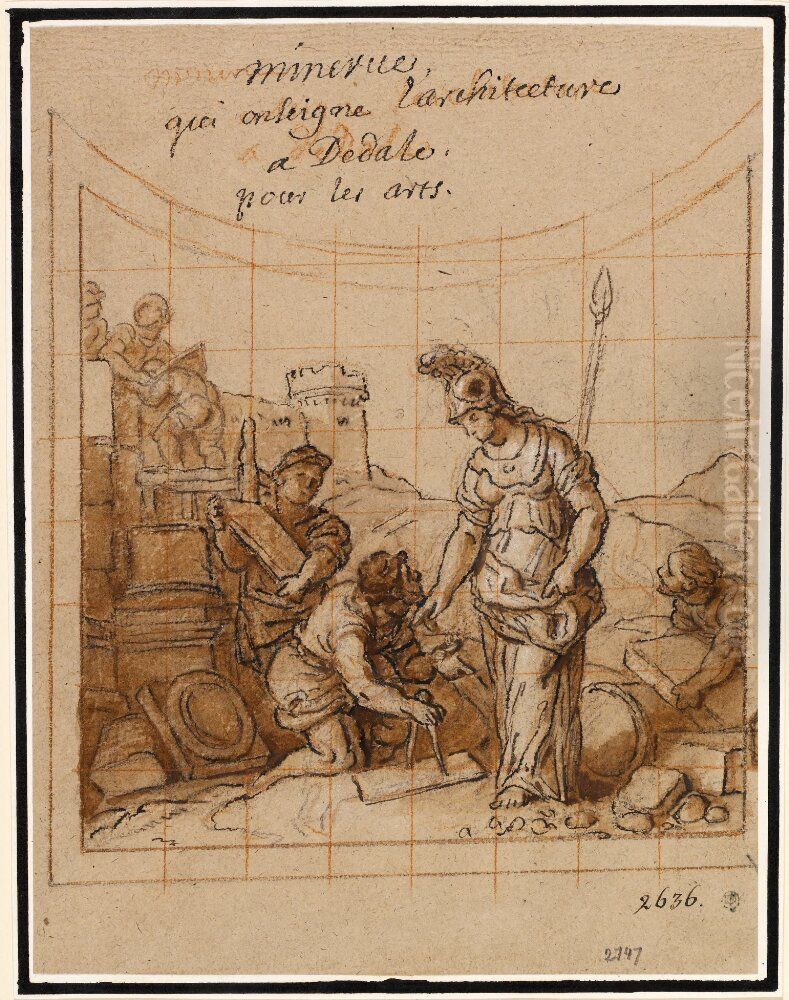 Minerva lar Daedalus arkitektur Oil Painting by Charles de La Fosse