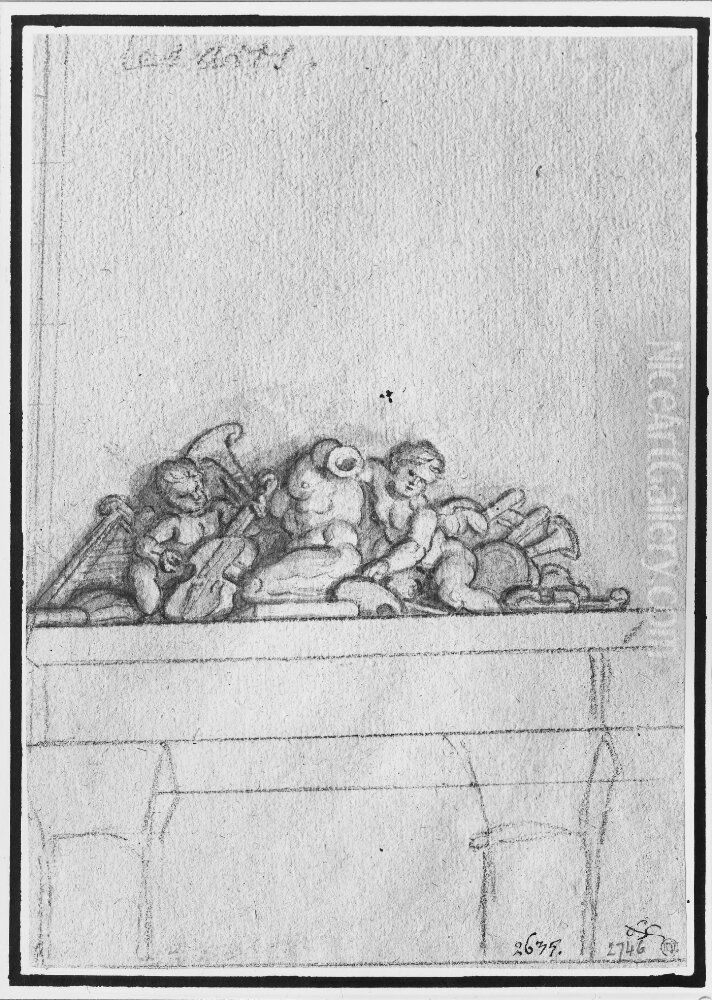 Putti med de skona konsternas attribut Oil Painting by Charles de La Fosse