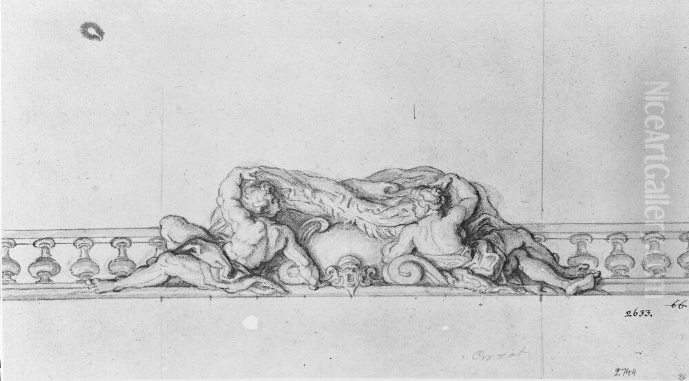 Balustrad med tva liggande figurer Oil Painting by Charles de La Fosse