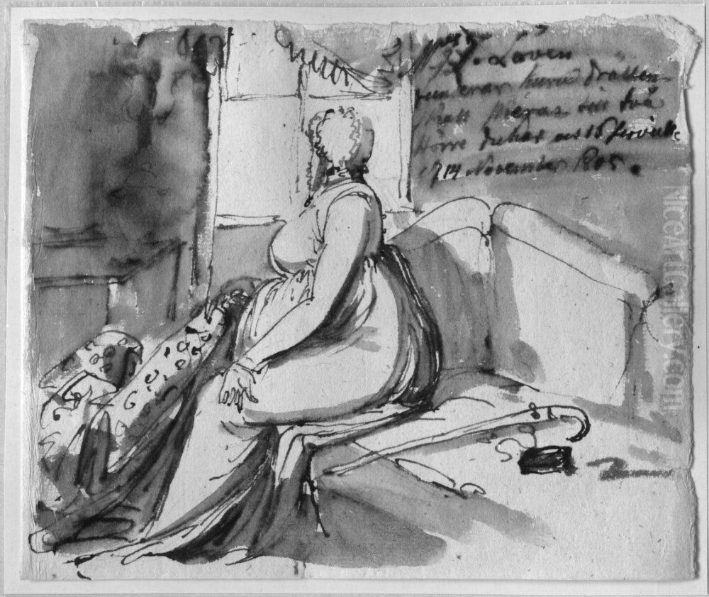 F. Loven funderar huru drallen skall provas till tva storre dukar och femton servietter Oil Painting by Johan Tobias Sergel