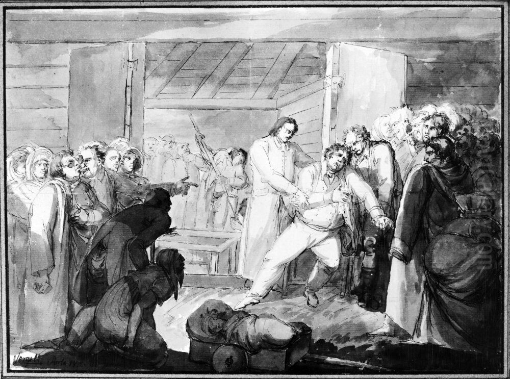 Sergel i armarna pa sin betjant Renstrom vid Porla brunn Oil Painting by Johan Tobias Sergel