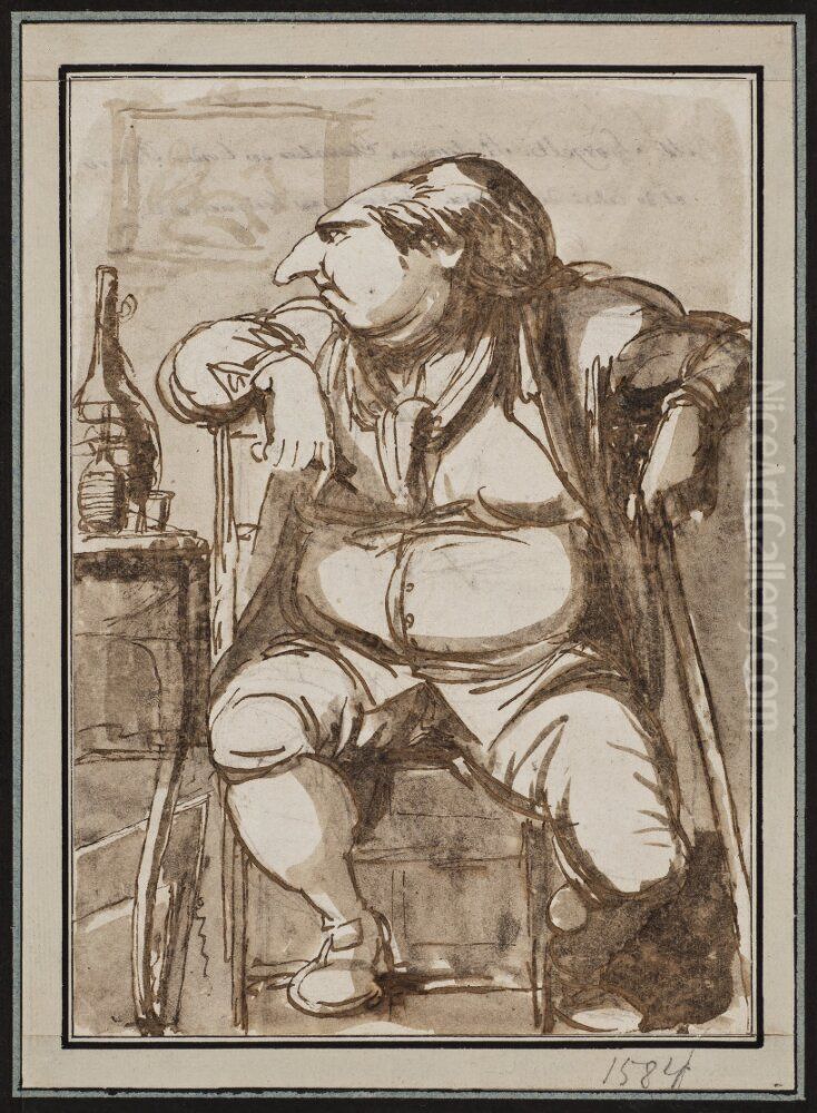 Sjalvportratt vid en flaska vin i Rom Oil Painting by Johan Tobias Sergel