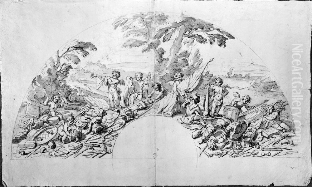 Solfjader. Putti med trofeer Oil Painting by Rene-Antoine Houasse