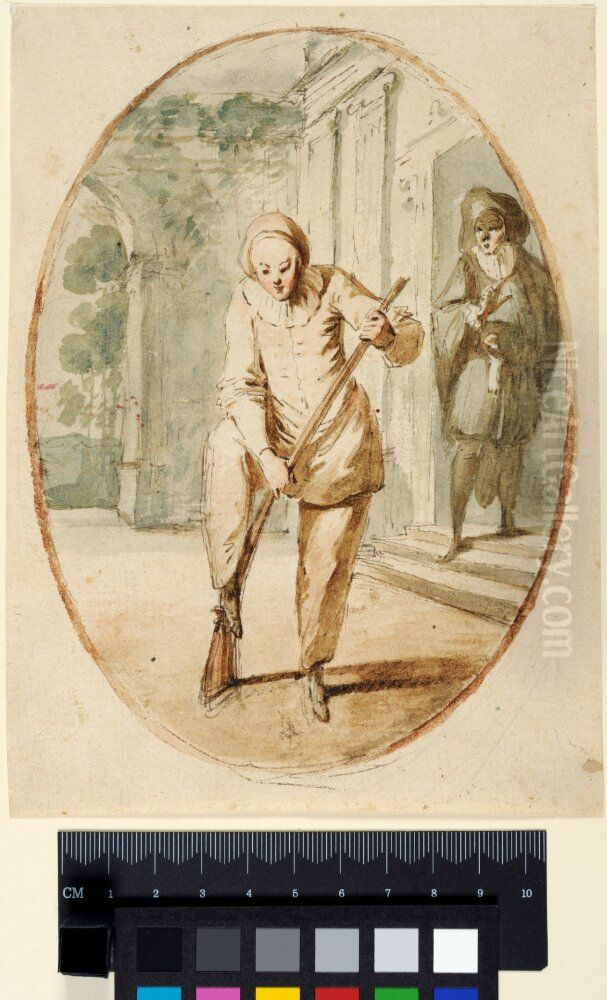 Two Commedia dell'Arte Figures, within Oval Oil Painting by Claude Gillot