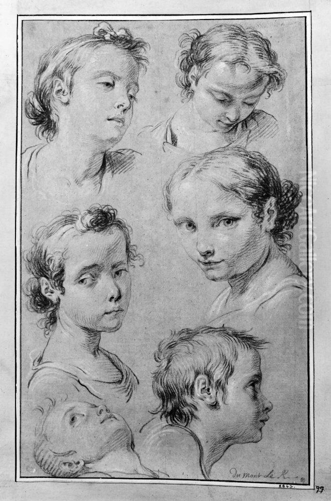 Sex huvuden, fyra av ung kvinna och tva av barn Oil Painting by Jacques Dumont le Romain