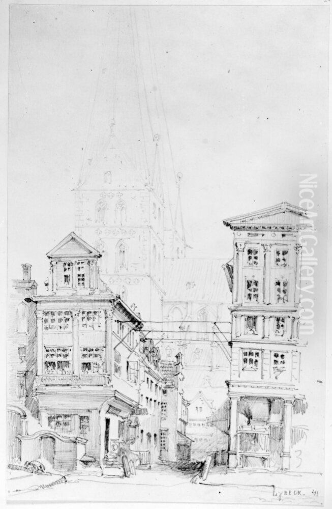 Gatuperspektiv med en kyrka (Marienkirche?) i bakgrunden, Lubeck Oil Painting by Fredrik Wilhelm Scholander