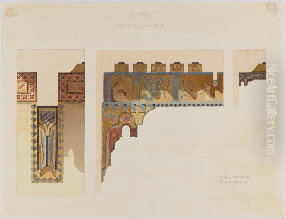 Plafond i f.d. Inkvisitionspalatset, Palermo. Tre partier Oil Painting by Fredrik Wilhelm Scholander
