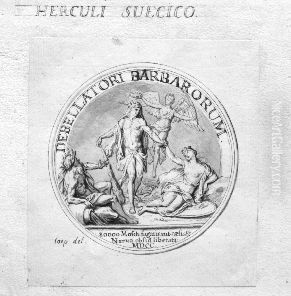 Utkast till medalj for att fira slaget vid Narva, 1700 Oil Painting by Antoine Coypel