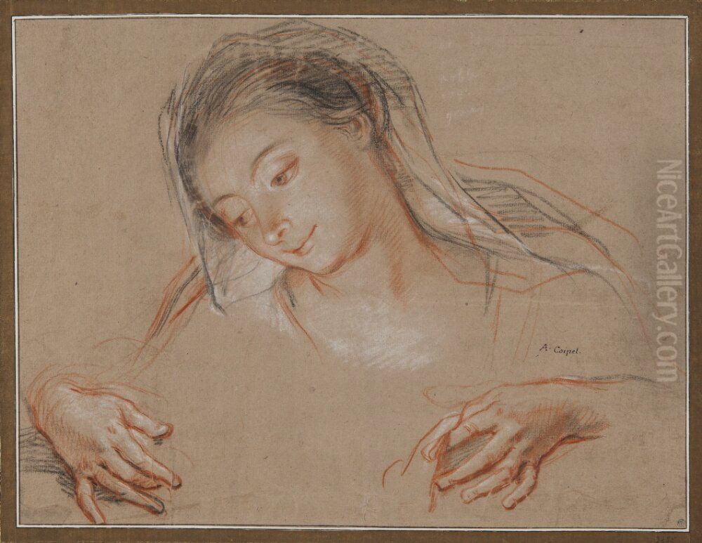 Studie till madonna. Huvud och tva hander Oil Painting by Antoine Coypel