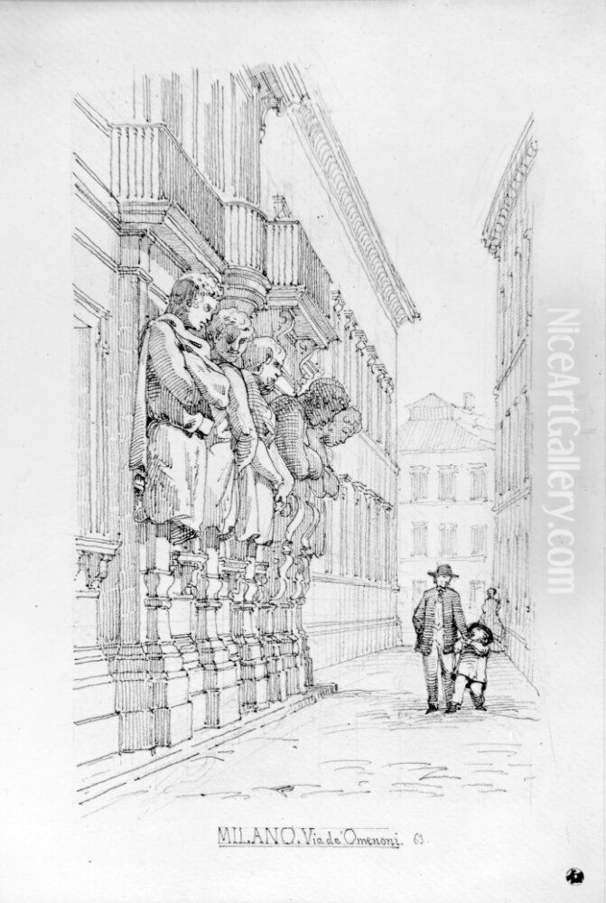 Via de Omenoni, Milano. Till vanster ett renassanspalats med fem hermer i overnaturlig storlek Oil Painting by Fredrik Wilhelm Scholander
