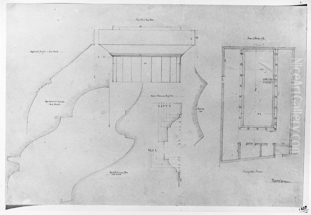 Plan av Isistemplet och diverse detaljritningar av skolan, Pompeji Oil Painting by Fredrik Wilhelm Scholander