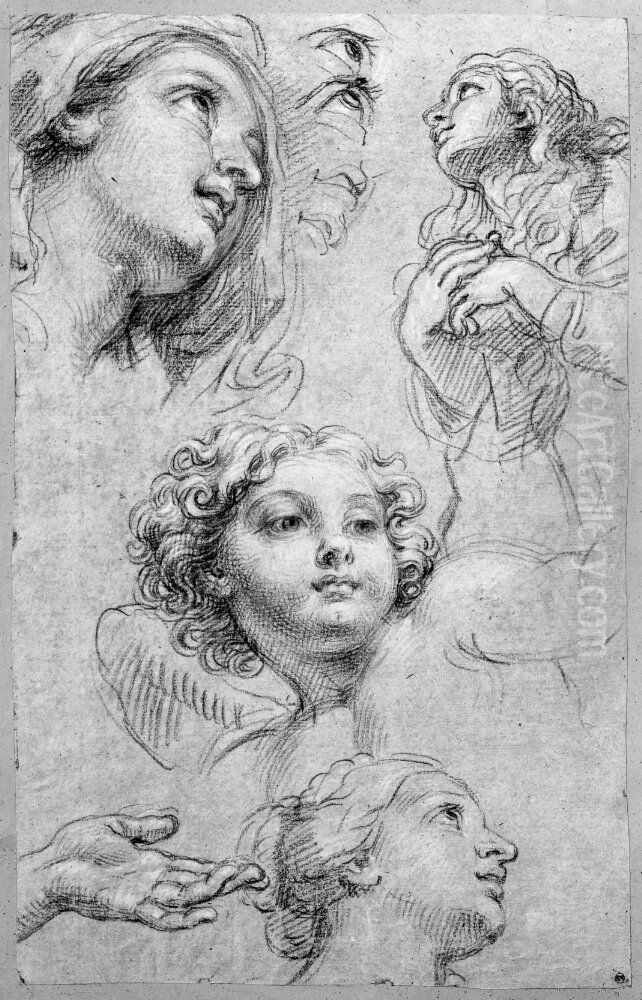 Studie av fyra ansiktsuttryck och en hand Oil Painting by Michel Corneille the Younger