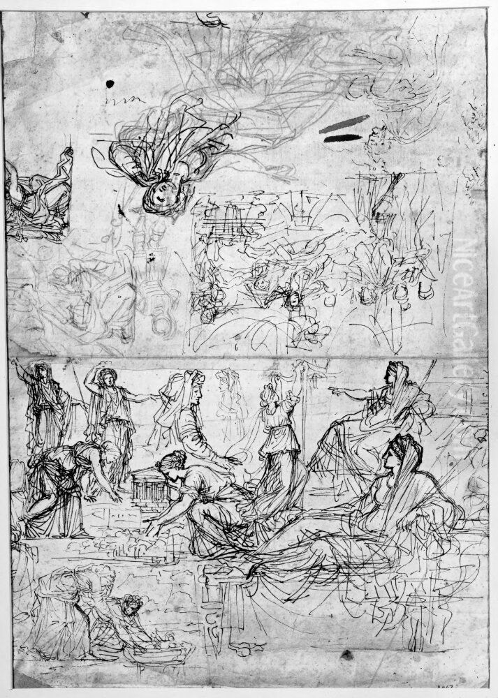 Sorjande kvinna pa sang samt Moses upptacks i buskarna Oil Painting by Michel Corneille the Younger