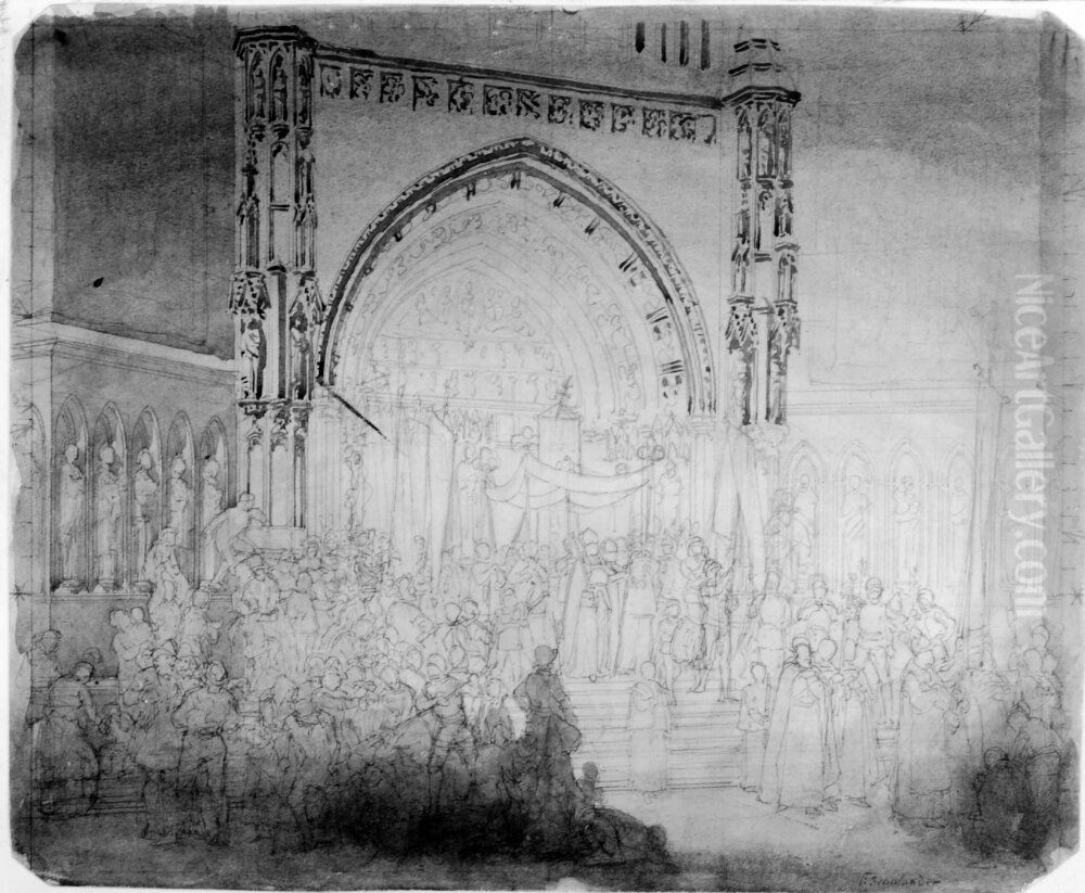 Skiss av kyrklig procession vid Uppsala domkyrkas sydportal Oil Painting by Fredrik Wilhelm Scholander