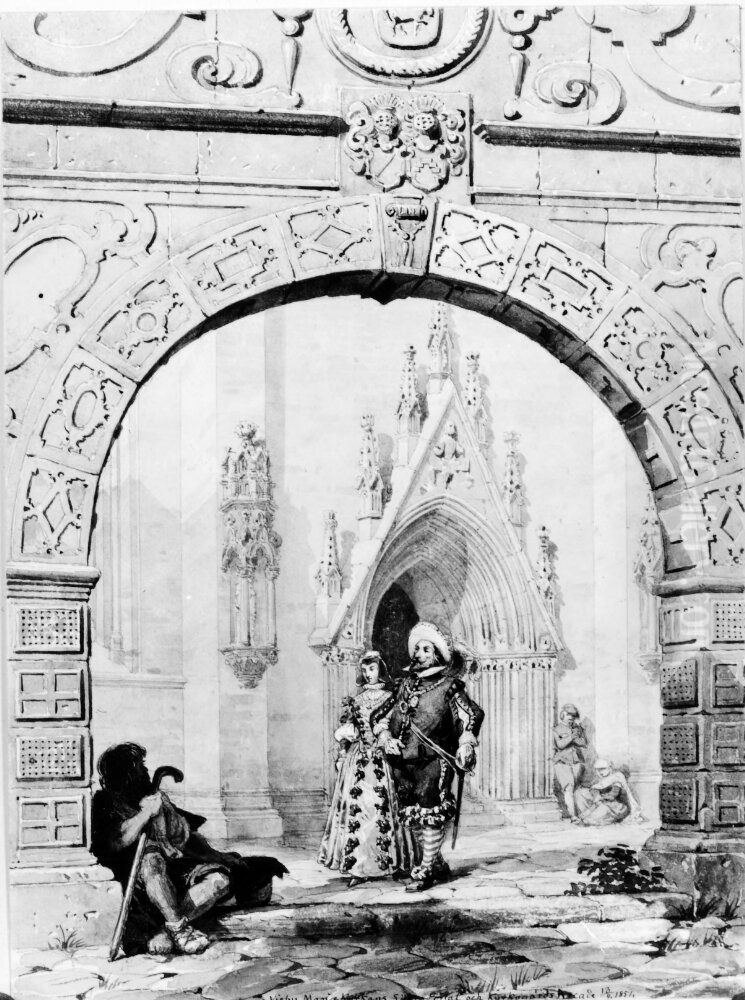 Visby domkyrkas sodra portal och kyrkogardsarkaden med figurer Oil Painting by Fredrik Wilhelm Scholander