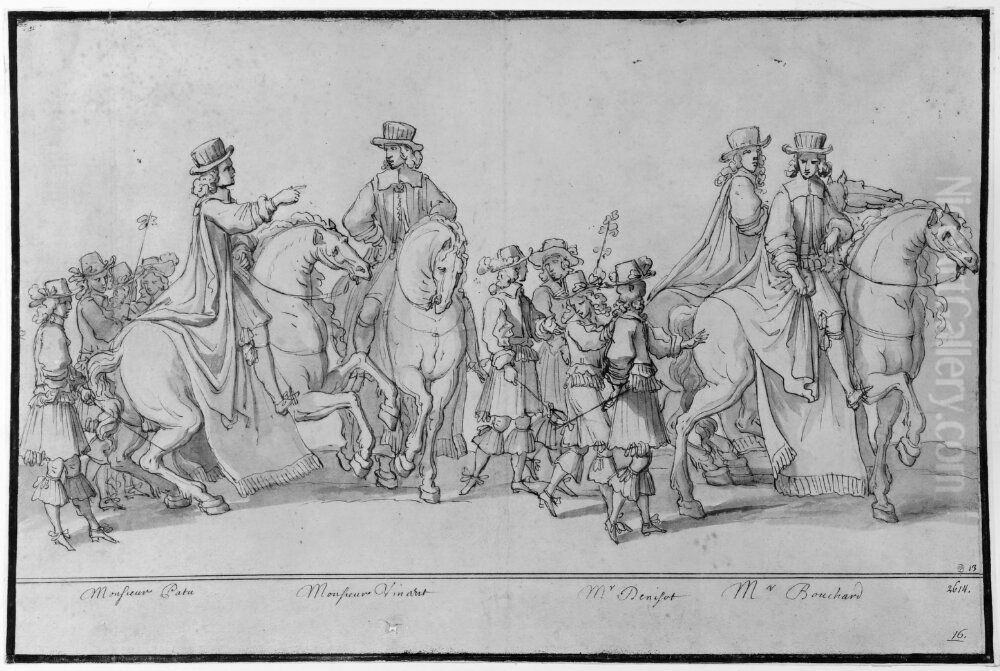 Tva Gardes Quittance de Finance och tva Tresoriers du Sceau Oil Painting by Francois Chauveau