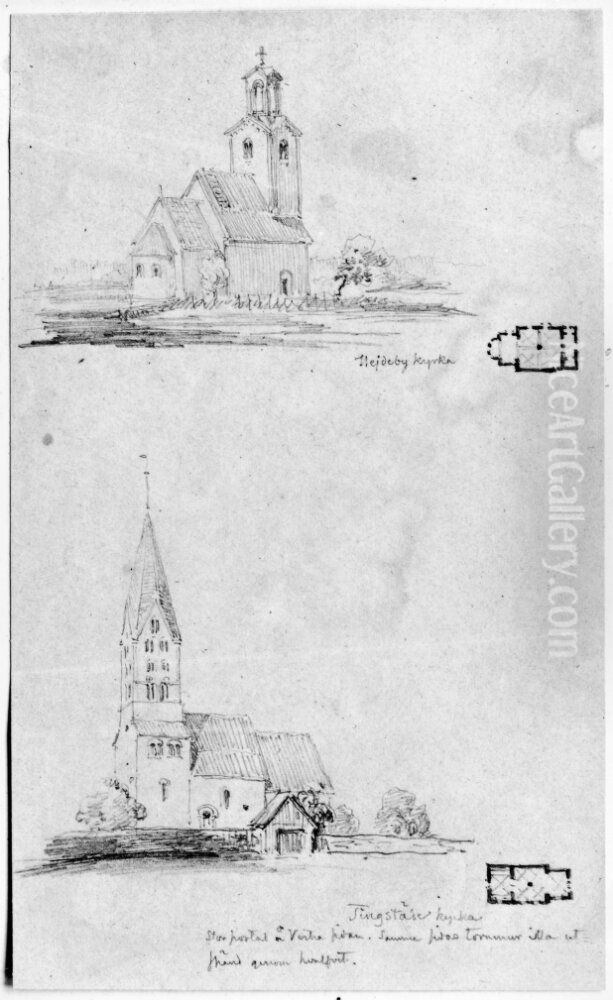 Hejdeby kyrka och Tingstade kyrka, Gotland. Exteriorer och planritningar Oil Painting by Fredrik Wilhelm Scholander