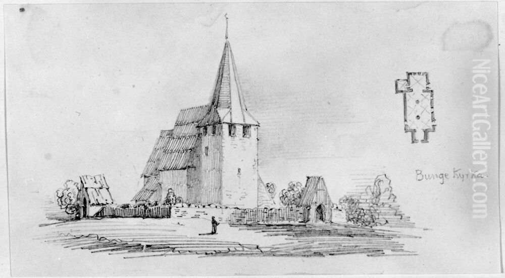Bunge kyrka pa Gotland. Exterior och planritning Oil Painting by Fredrik Wilhelm Scholander