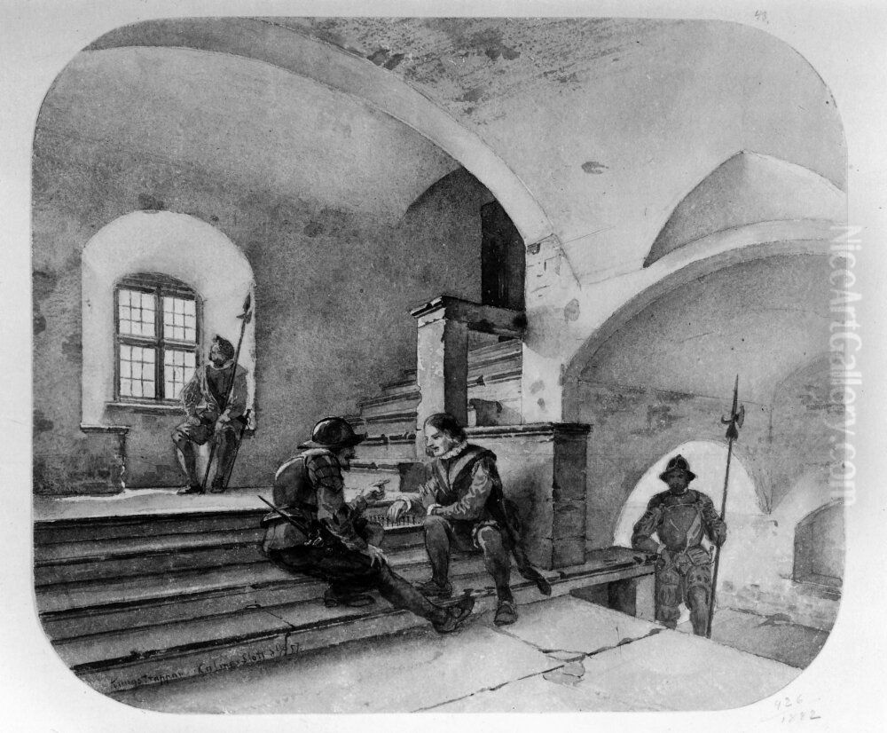 Kungstrappan, med hillebardiarer och spelande knektar, Kalmar slott Oil Painting by Fredrik Wilhelm Scholander