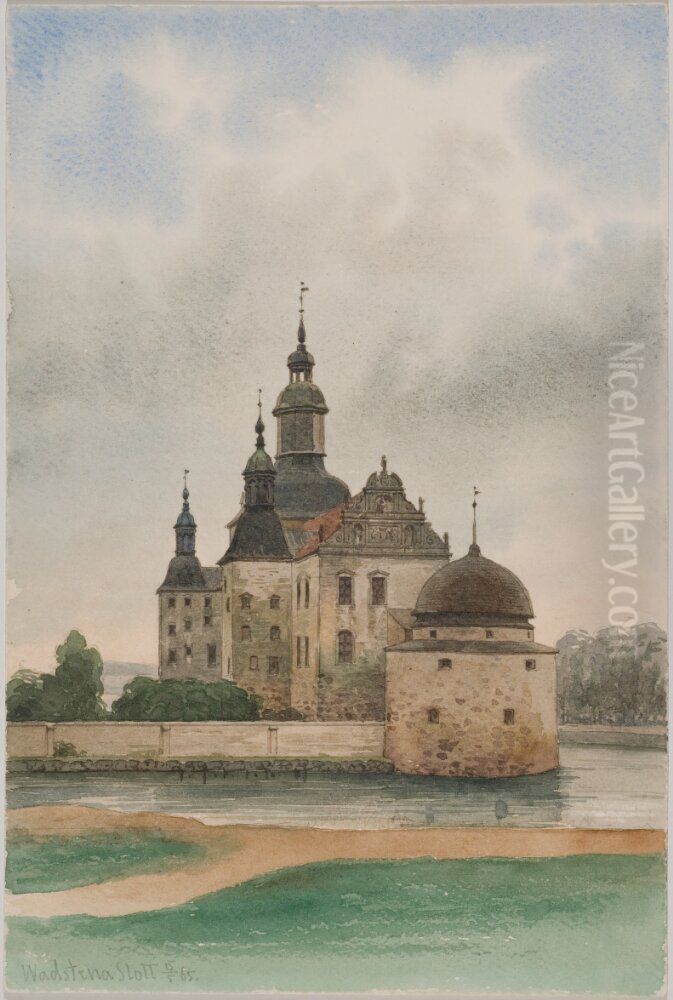 Vadstena slott, sett fran oster Oil Painting by Fredrik Wilhelm Scholander