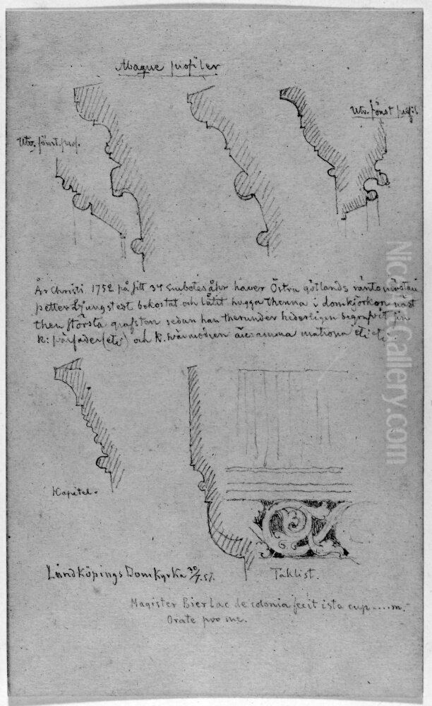 Linkopings domkyrka. Fonster- och kapitalprofiler, taklist m.m. Oil Painting by Fredrik Wilhelm Scholander