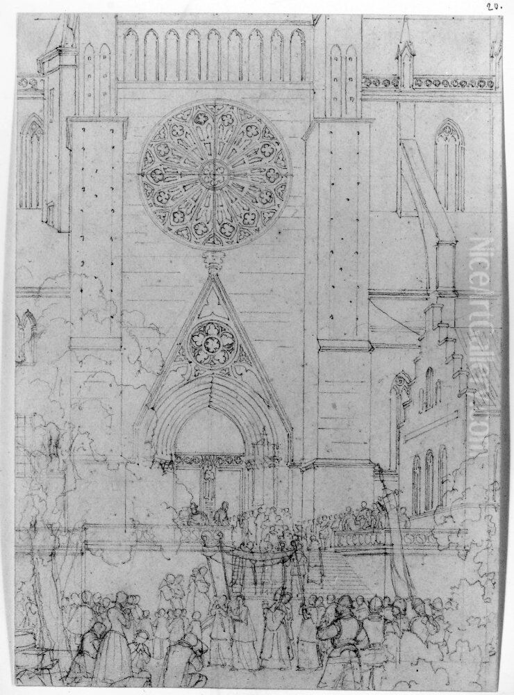 Fantasibild fran 1300-1400-talet med katolsk procession framfor Uppsala domkyrka Oil Painting by Fredrik Wilhelm Scholander