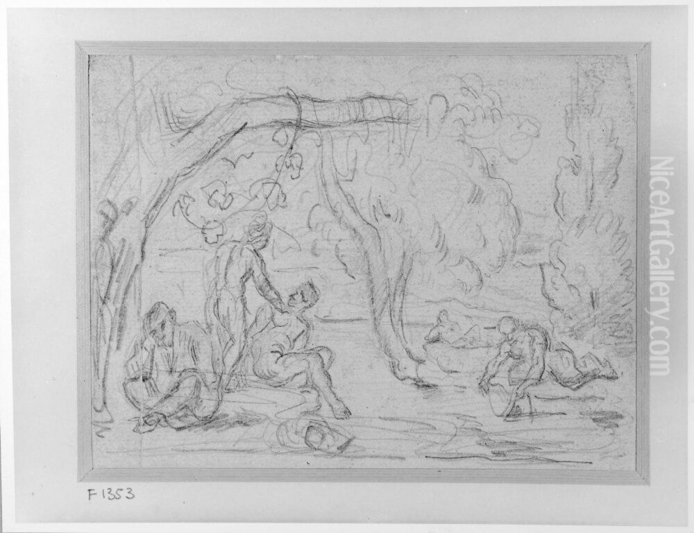 Grupp pa stranden Oil Painting by Paul Cezanne