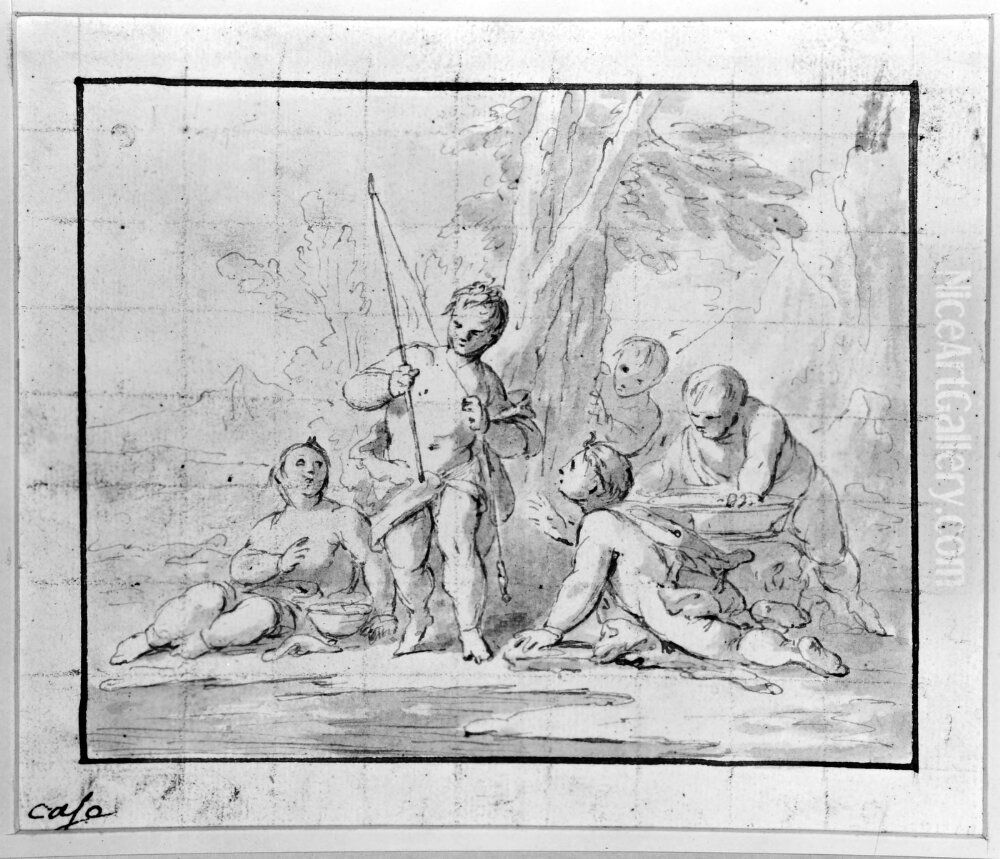 Putti lekande i landskap Oil Painting by Pierre-Jacques Cazes