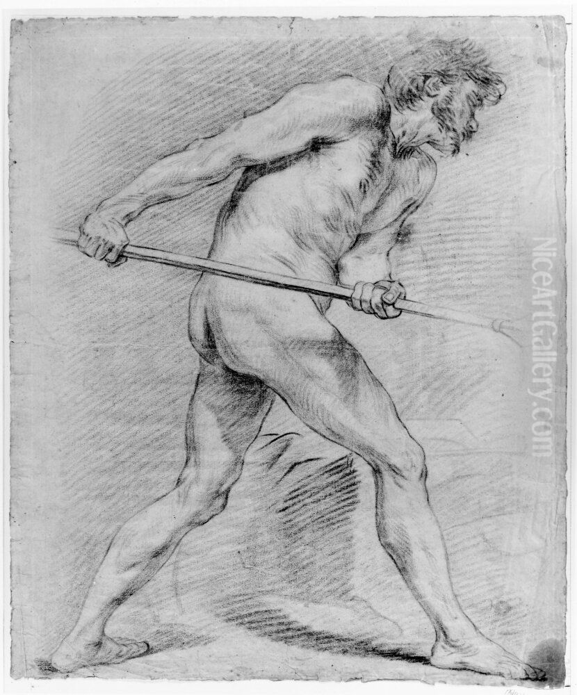 Manlig modell med spjut Oil Painting by Johan Gustaf Sandberg