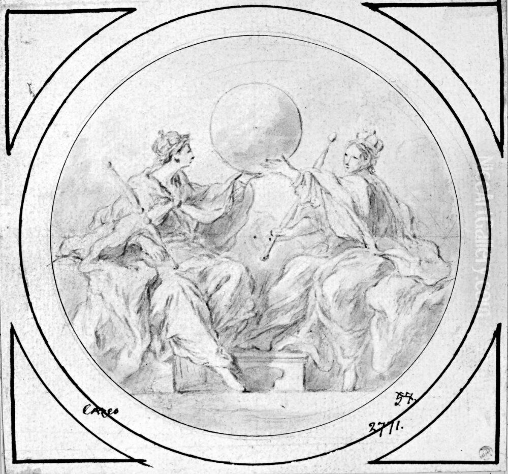 Allegori. Tva kronta kvinnor haller jordglob Oil Painting by Pierre-Jacques Cazes