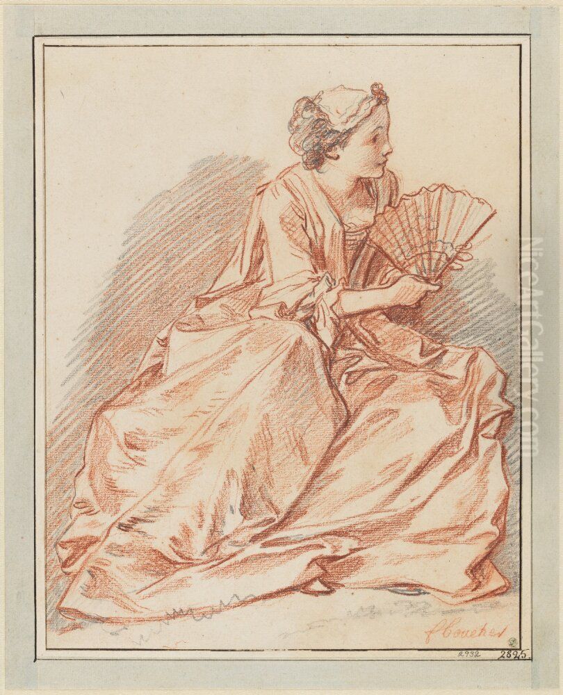 A Young Lady with a Fan Oil Painting by Francois Boucher