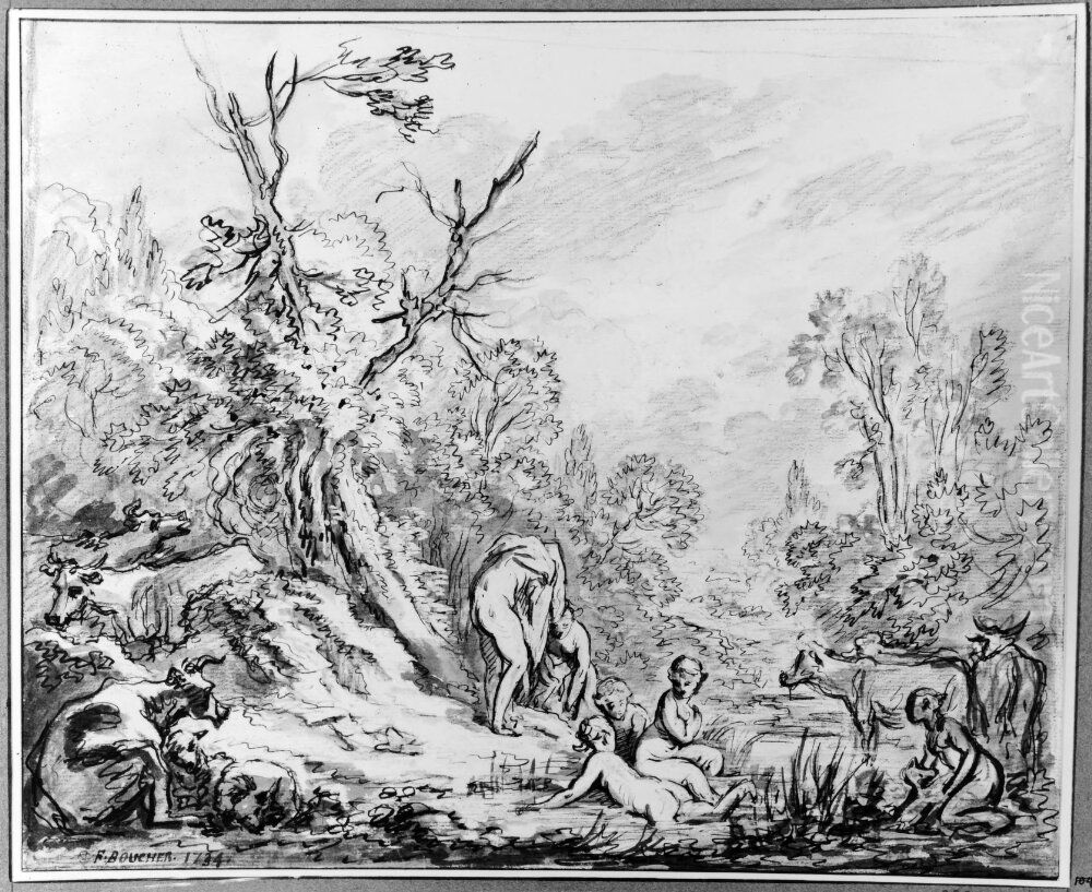 Landskap med badande kvinnor Oil Painting by Francois Boucher