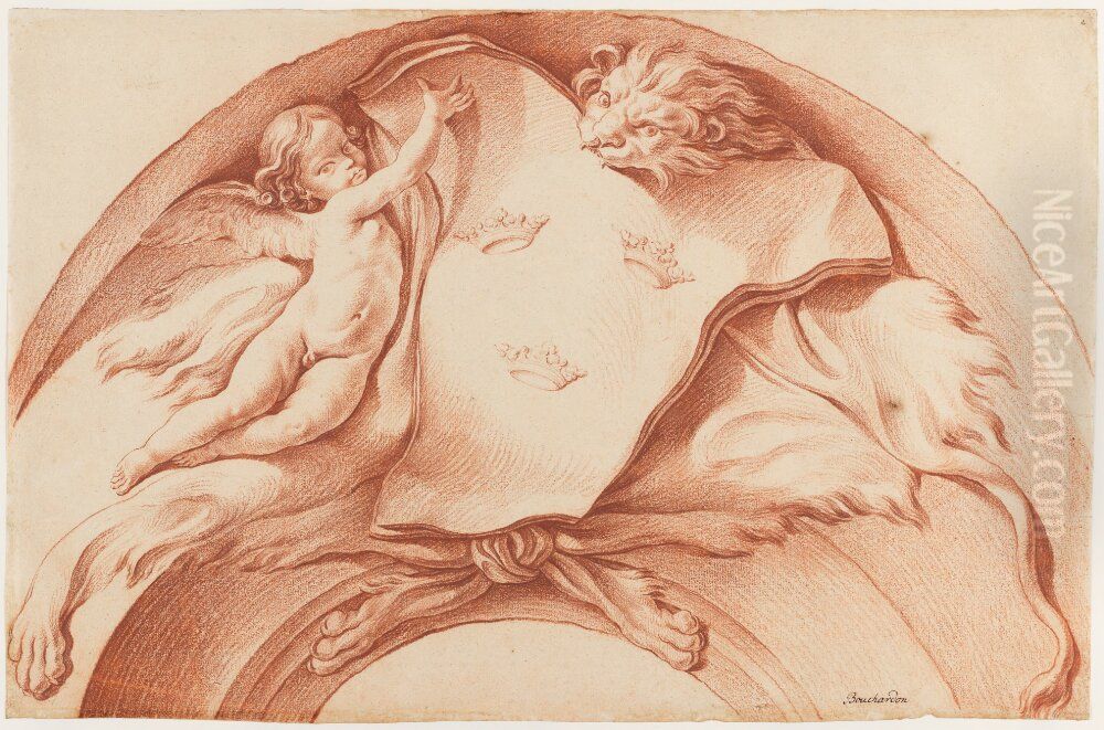 The Coat of Arms of Sweden Held by a Lion and a Genius Oil Painting by Jacques-Philippe Bouchardon