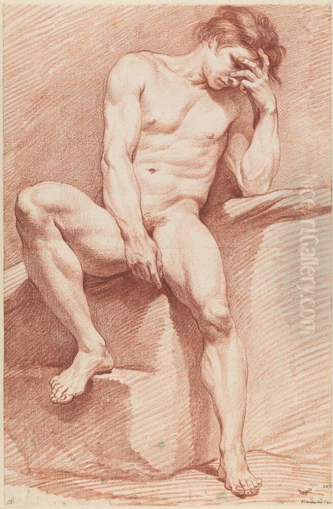 Study of a Male Nude, Frontally Seated Full-length Figure Oil Painting by Edme Bouchardon