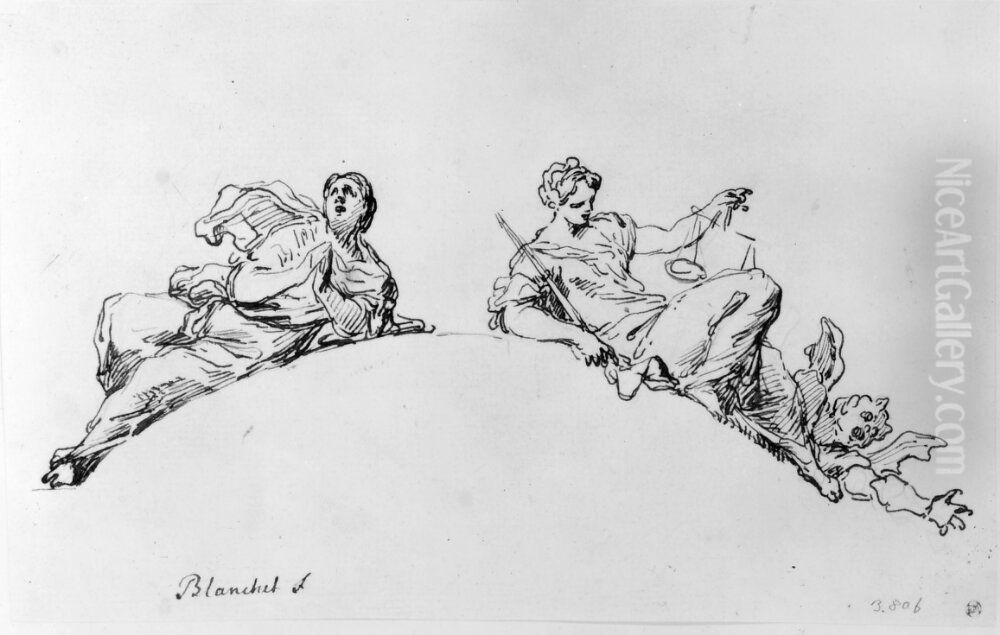 Tva liggande kvinnofigurer for dorroverstycken Oil Painting by Thomas Blanchet