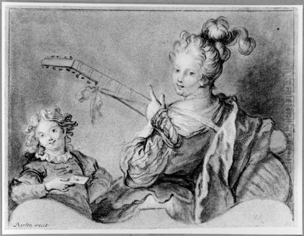 Kvinna med luta som mottager en biljett (Horseln) Oil Painting by Nicolas Bertin