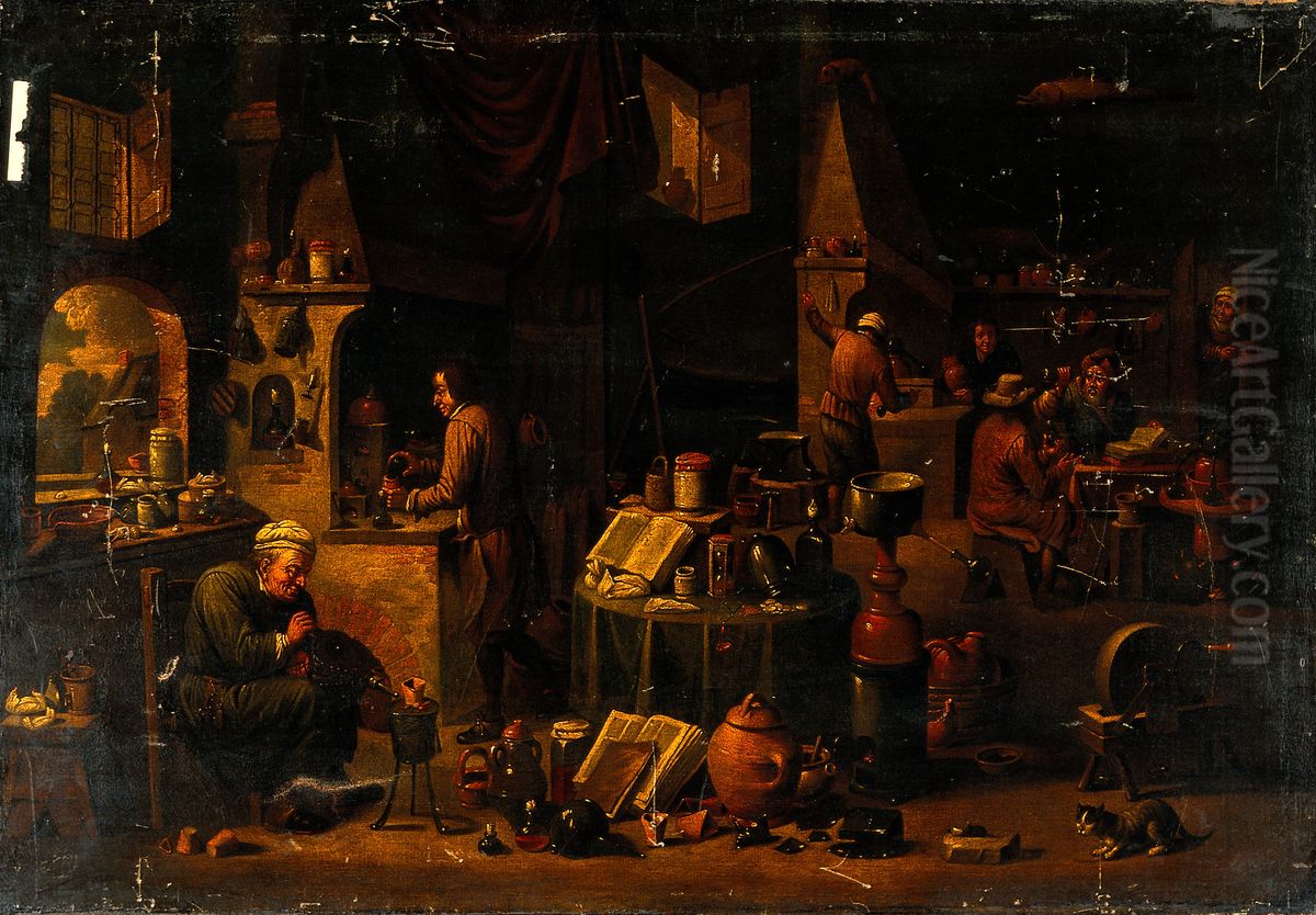 An alchemist in his laboratory. Oil Painting by David Teniers the Younger