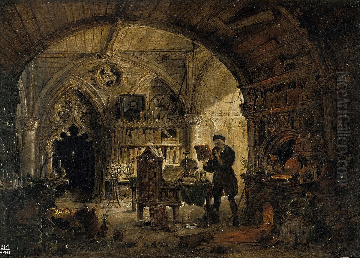 An alchemist in his laboratory. Oil Painting by James Nasmyth