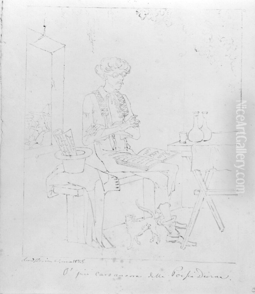 Mager man med runda glasogon. Ingar i skissbok innehallande 30 blad med italienska folklivsscener Oil Painting by Carl Jacob Lindstrom