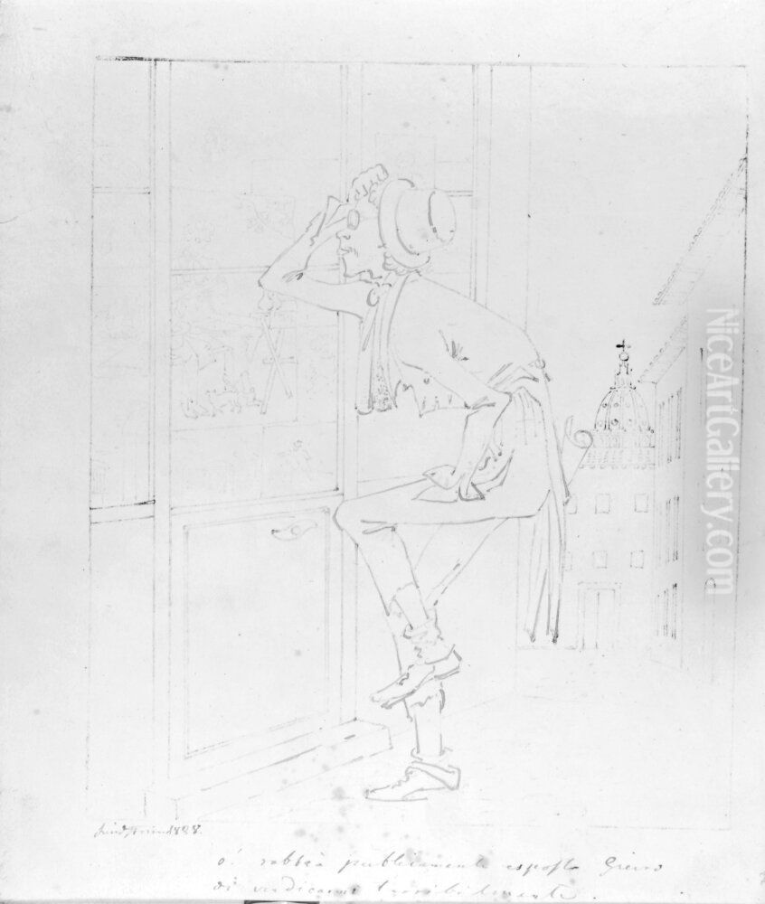 En mager man med glasogon. Ingar i skissbok innehallande 30 blad med italienska folklivsscener Oil Painting by Carl Jacob Lindstrom