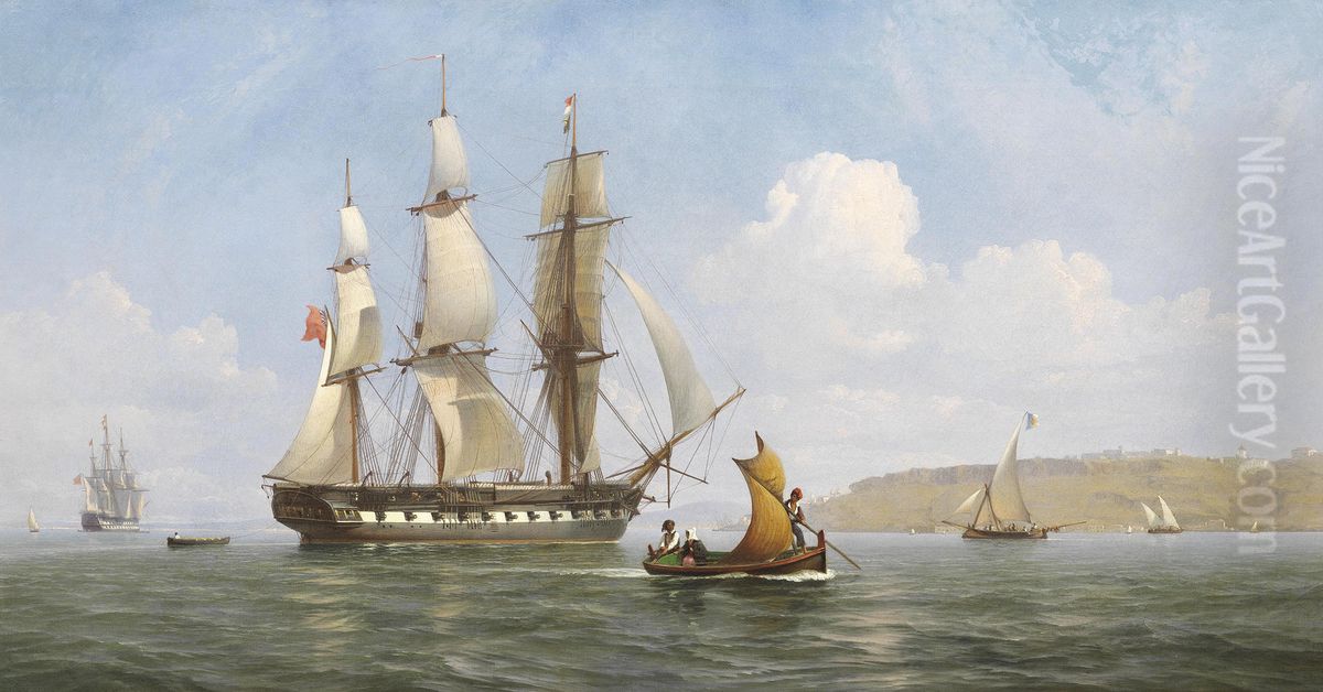 An English frigate hove-to off the southern bank of the Tagus Oil Painting by Joseph Schranz