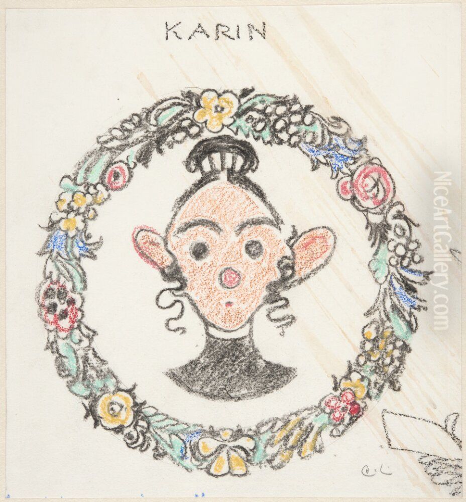 Karikatyr av konstnarens hustru i en blomsterkrans Oil Painting by Carl Larsson