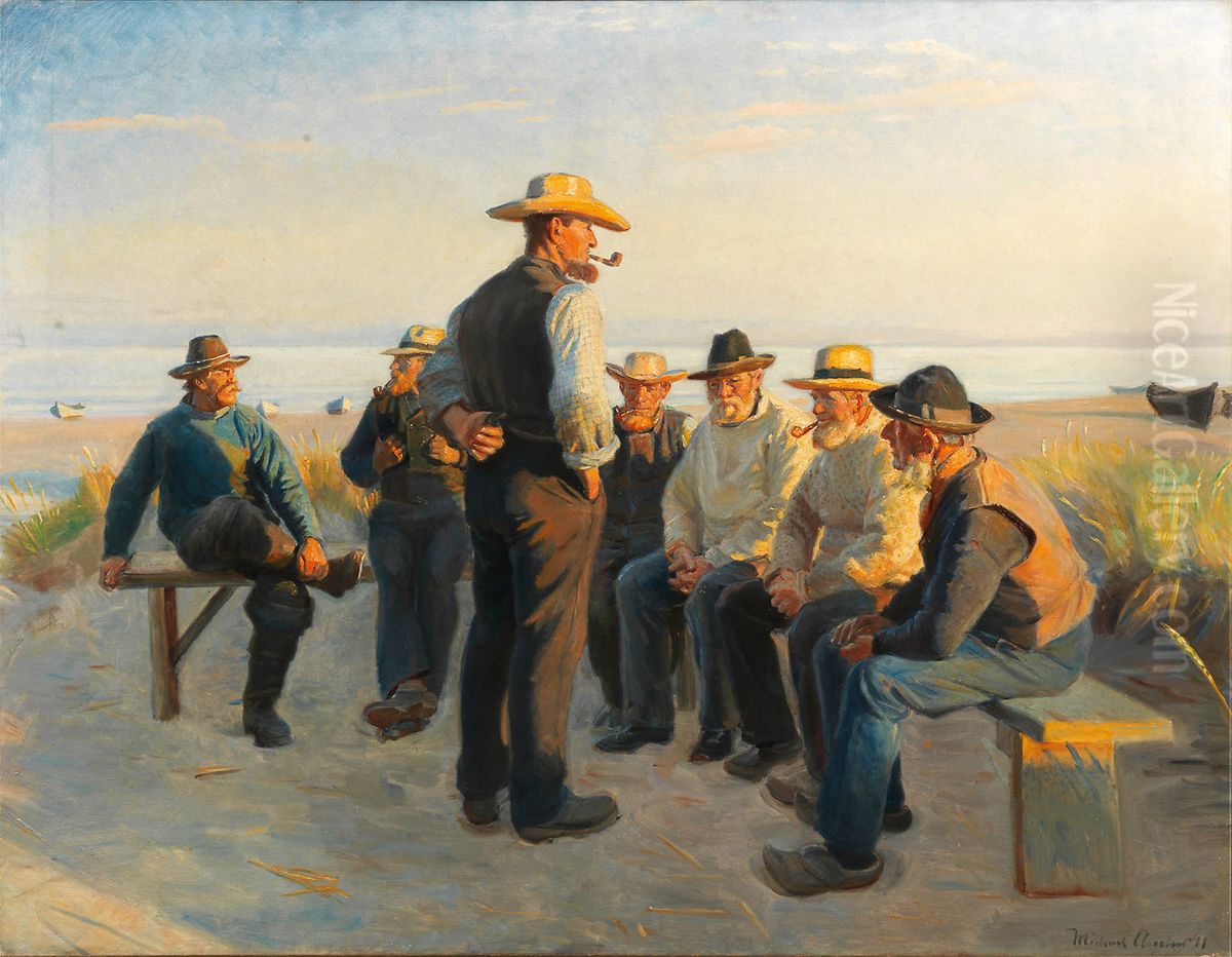 Fishermen resting on Skagen Sydstrand on a summer evening. Oil Painting by Michael Peter Ancher